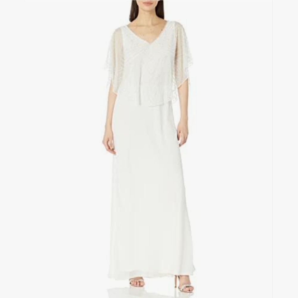 NWT J Kara Beaded V-Neck Capelet Dress Ivory 24W